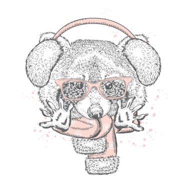 Komik Rakun sıcak kulaklıklar, güneş gözlüğü ve bir eşarp. Vektör çizim için tebrik kartı, poster, baskı, ya da giyim üzerine. Sevimli hayvan. Yeni yıl ve Noel. Kış.