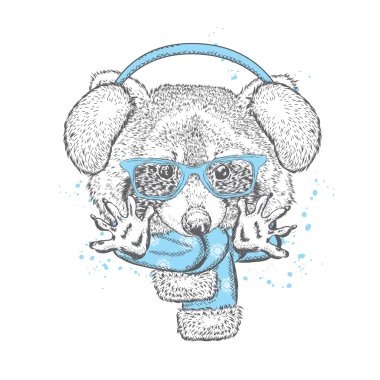Komik Rakun sıcak kulaklıklar, güneş gözlüğü ve bir eşarp. Vektör çizim için tebrik kartı, poster, baskı, ya da giyim üzerine. Sevimli hayvan. Yeni yıl ve Noel. Kış.
