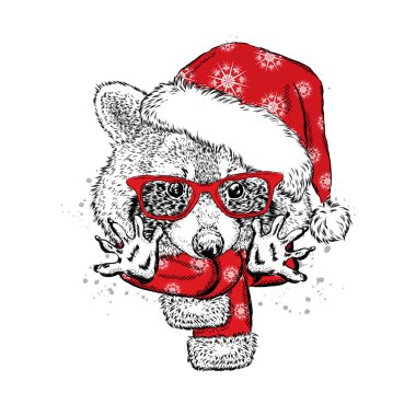 Komik Rakun santa şapka, güneş gözlüğü ve bir eşarp. Vektör çizim için tebrik kartı, poster, baskı, ya da giyim üzerine. Sevimli hayvan. Yeni yıl ve Noel. Kış.