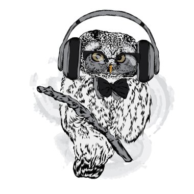 Baykuş kulaklıklarla. Vektör çizim tebrik kartı, poster ya da giyim üzerine baskı için.