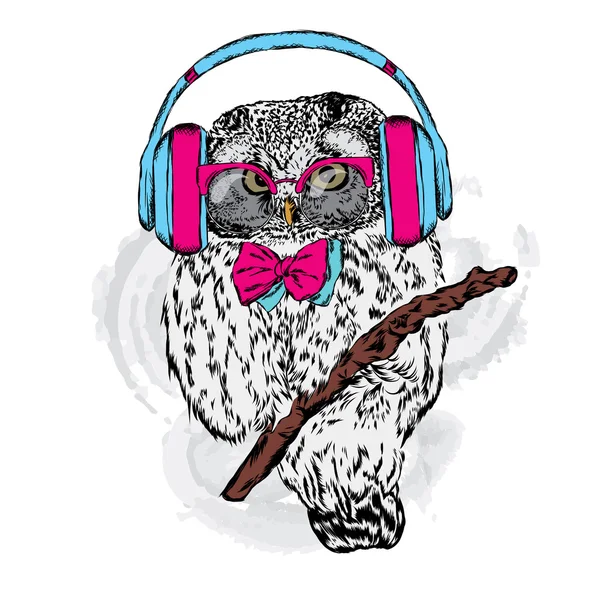 Baykuş kulaklıklarla. Vektör çizim tebrik kartı, poster ya da giyim üzerine baskı için.