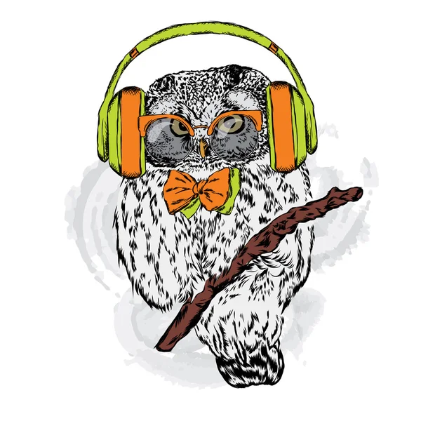 Baykuş kulaklıklarla. Vektör çizim tebrik kartı, poster ya da giyim üzerine baskı için.
