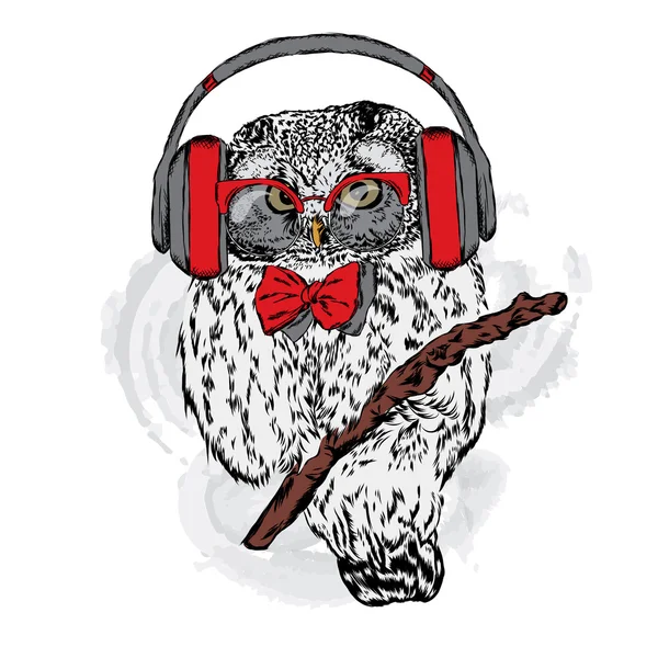 Baykuş kulaklıklarla. Vektör çizim tebrik kartı, poster ya da giyim üzerine baskı için.