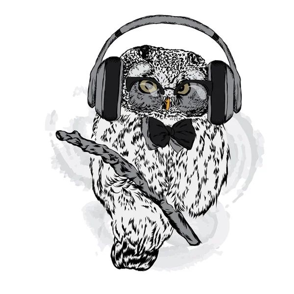 Baykuş kulaklıklarla. Vektör çizim tebrik kartı, poster ya da giyim üzerine baskı için.