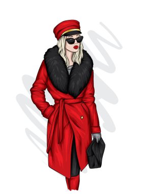 Şık bir şapkası ve ceketi olan güzel bir kadın. Vektör illüstrasyonu, moda ve tarz.