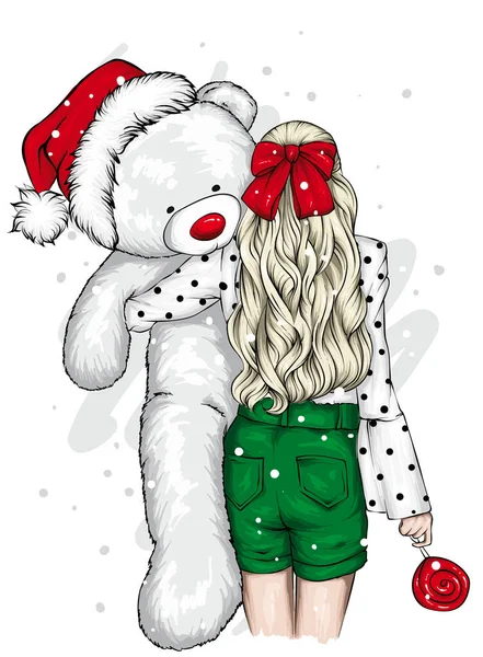 Девушка Красивыми Волосами Плюшевым Мишкой Новый Год Рождество — стоковый вектор
