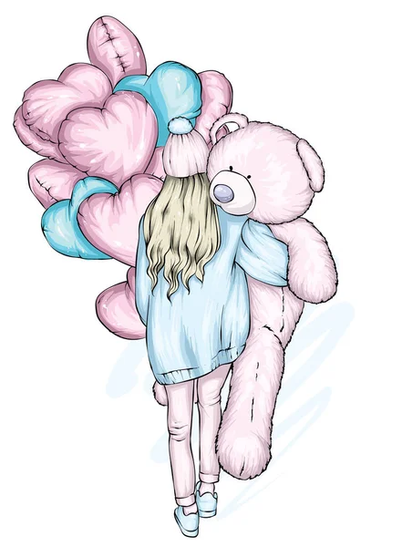 一个漂亮的头发 泰迪熊和心形气球的女孩 情人节 — 图库矢量图片