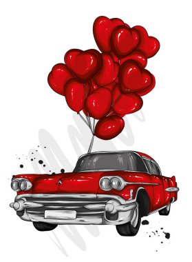 Car with balloons in the shape of hearts. Vector illustration for greeting card or poster. Love, friendship, Valentine's Day. vector
