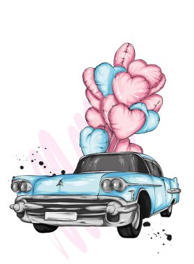 Car with balloons in the shape of hearts. Vector illustration for greeting card or poster. Love, friendship, Valentine's Day. vector