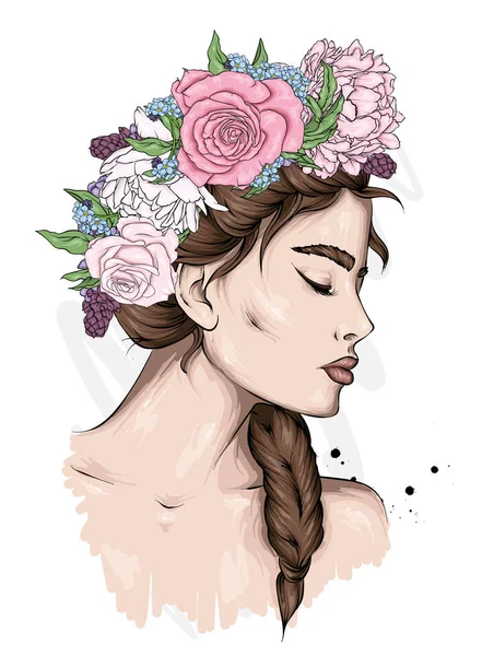 Hermosa Chica Con Pelo Largo Una Corona Rosas Peonías Flores — Vector de stock