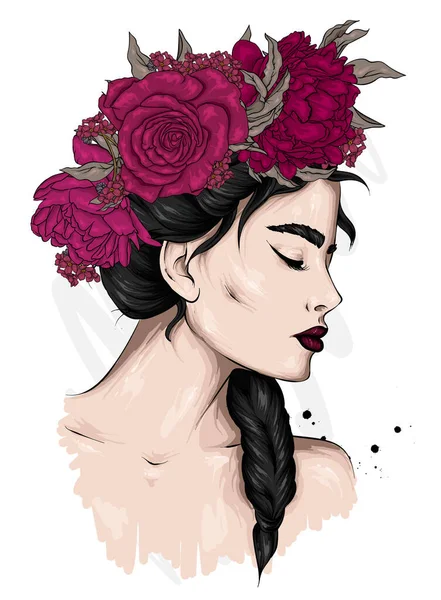 Hermosa Chica Con Pelo Largo Una Corona Rosas Peonías Flores — Vector de stock