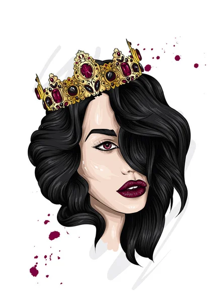 Hermosa Chica Con Pelo Largo Una Corona Con Piedras Preciosas — Vector de stock