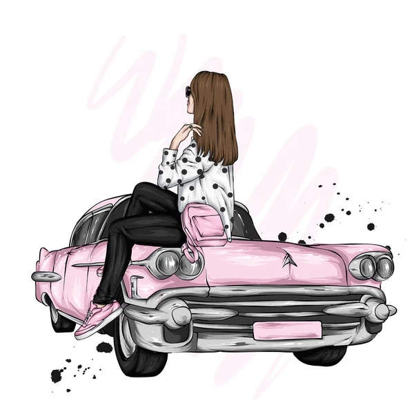 Beautiful Girl Stylish Clothes Sits Retro Car — Stock Vector