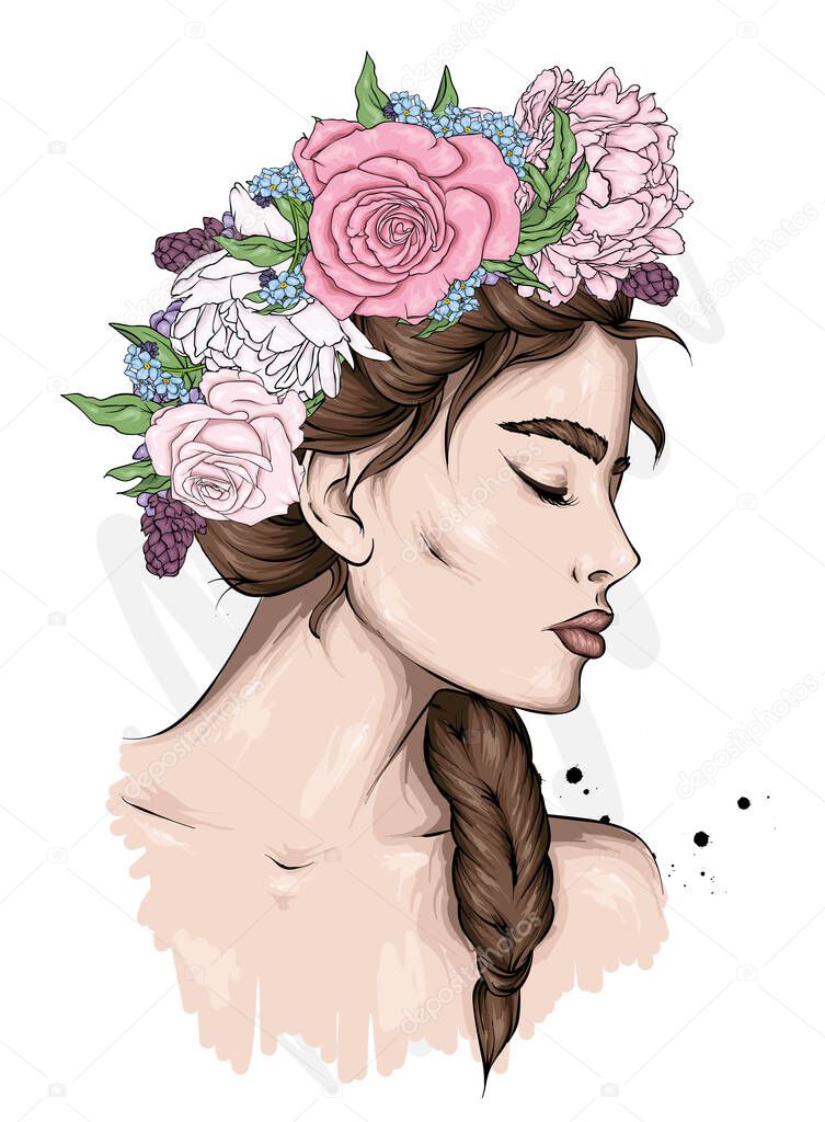 Beautiful girl with long hair in a wreath of roses and peonies. Flowers. Vector illustration for greeting card or poster, print on clothes. Fashion and style, accessories.