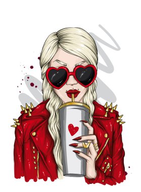 Gözlüklü, kalp şeklinde güzel bir kız. Sevgililer Günü ve aşk. Kartpostal ya da poster için vektör yanılsaması, kıyafetlerin üzerinde parmak izi. Moda ve tarz, aksesuarlar.