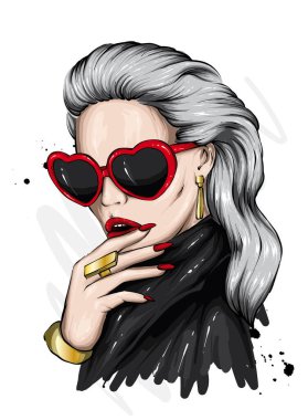 Gözlüklü, kalp şeklinde güzel bir kız. Sevgililer Günü ve aşk. Kartpostal ya da poster için vektör yanılsaması, kıyafetlerin üzerinde parmak izi. Moda ve tarz, aksesuarlar.