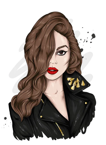 Hermosa Chica Una Chaqueta Cuero Elegante Moda Estilo Ropa Accesorios — Vector de stock