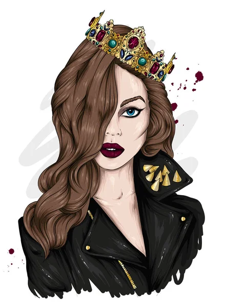 Hermosa Chica Una Elegante Chaqueta Cuero Corona Moda Estilo Ropa — Vector de stock