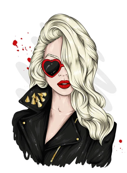 Hermosa Chica Con Gafas Forma Corazones Día San Valentín Amor — Vector de stock