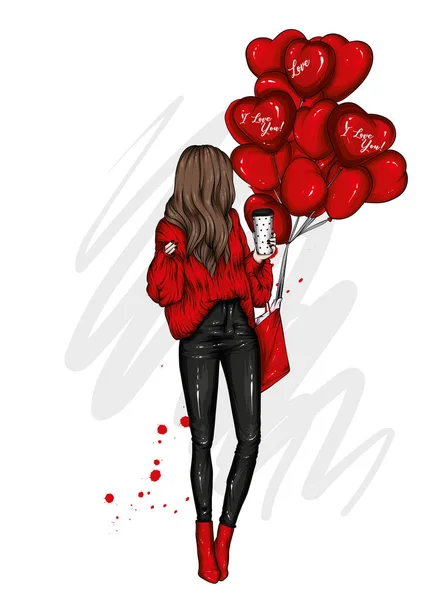 Beautiful Girl Stylish Clothes Heart Shaped Balloons Vector Illustration Postcard — Stock Vector