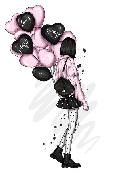Mooi Meisje Stijlvolle Kleding Hartvormige Ballonnen Vector Illustratie Voor Een — Stockvector