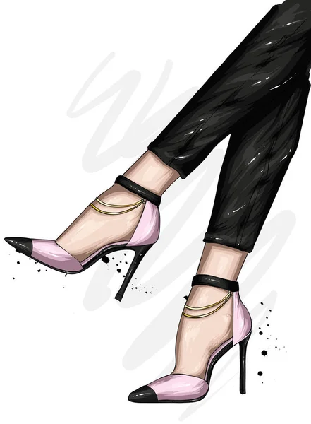 Patas Mujer Elegantes Zapatos Pantalones Tacón Alto Moda Estilo Ropa — Vector de stock