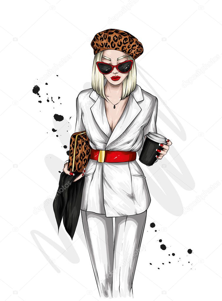 Pretty girl in a stylish suit and beret. Coffee. Vector illustration. Fashion and style, clothing and accessories. 