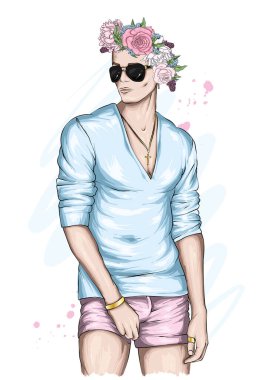 Handsome guy in stylish clothes and a floral wreath. Fashion and style, accessories. Vector illustration. 