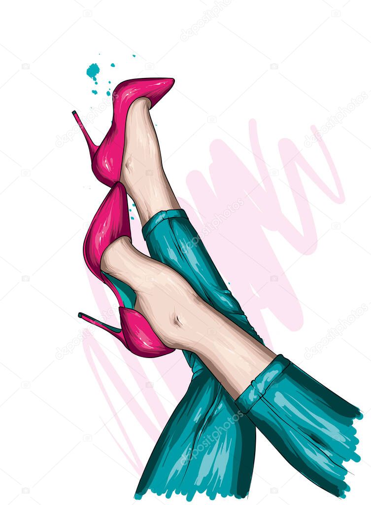 Women's legs in stylish high-heeled shoes and trousers. Fashion and style, clothing and accessories. Vector illustration.