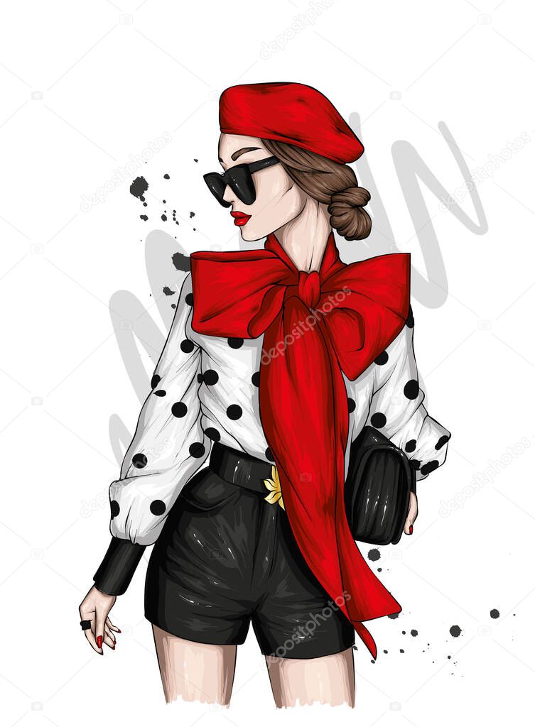 A beautiful girl in a stylish beret, blouse and shorts. Vector illustration for a postcard or poster, print on clothes. Fashion and Style.