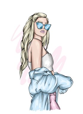 Şık ceketli ve gözlüklü güzel bir kız. Moda, tarz, giysi ve aksesuarlar. Vektör illüstrasyonu, yazdırma.