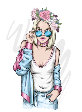 Şık ceketli, gözlüklü ve çiçek çelenkli güzel bir kız. Moda, tarz, giysi ve aksesuarlar. Vektör illüstrasyonu, yazdırma.