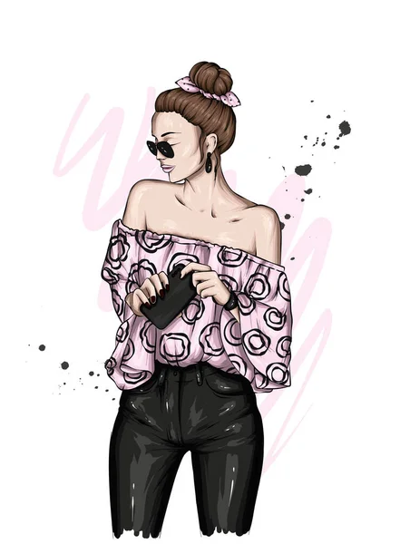 Schöne Mädchen Einem Stilvollen Top Und Jeans Vektorillustration Mode Und — Stockvektor