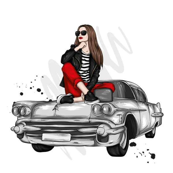 Şık Giyinmiş Güzel Bir Kız Retro Bir Arabanın Üzerinde Oturur — Stok Vektör