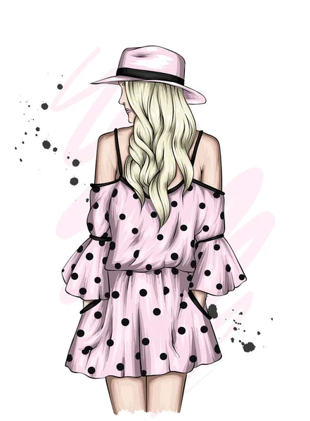 Hermosa Chica Vestido Elegante Sombrero Moda Estilo Ropa Accesorios Ilustración — Archivo Imágenes Vectoriales