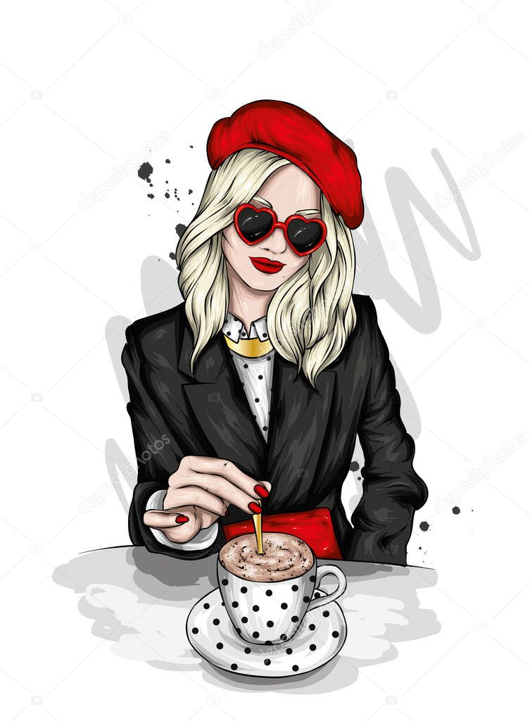 Beautiful girl in stylish clothes and glasses. Vector illustration for a postcard or poster, print. Fashion and style, clothing and accessories.