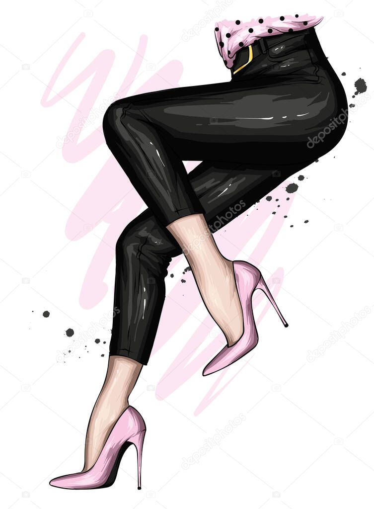 Women's legs in stylish high-heeled shoes and trousers. Fashion and style, clothing and accessories. Vector illustration.