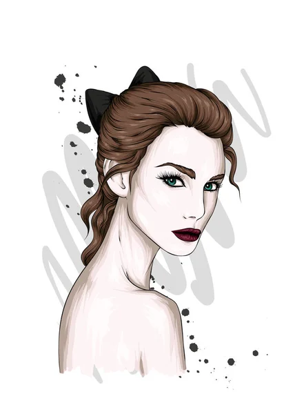 Una Hermosa Chica Con Corte Pelo Elegante Maquillaje Moda Estilo — Vector de stock