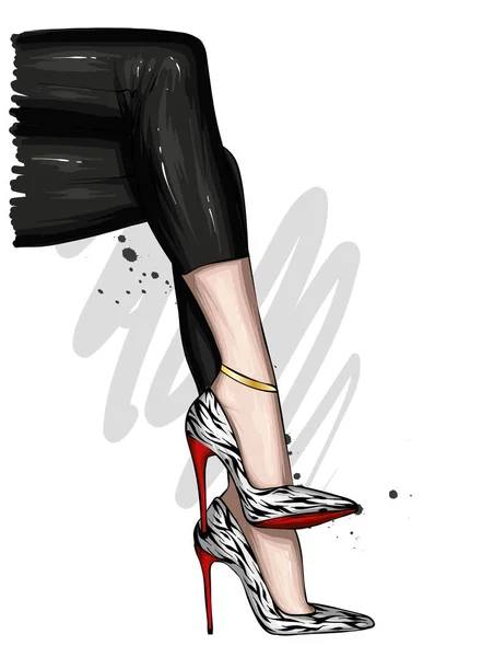 Jambes Femme Jean Élégant Chaussures Talons Hauts Mode Style Vêtements — Image vectorielle
