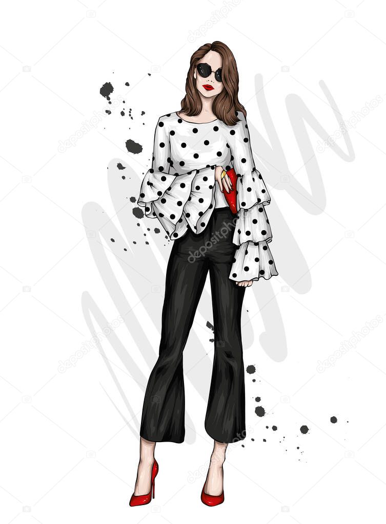Beautiful high in pants and a shirt. Stylish clothes and accessories. Fashionable woman. Vector illustration. Fashion and Style. Fashion look. 