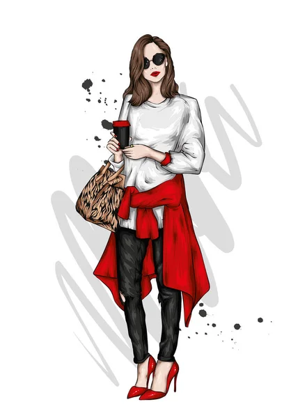 Belle Fille Vêtements Élégants Café Illustration Vectorielle Pour Une Carte — Image vectorielle