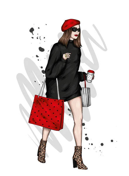 Hübsches Mädchen Stilvollem Kleid Und Baskenmütze Kaffee Vorhanden Vektorillustration Mode — Stockvektor