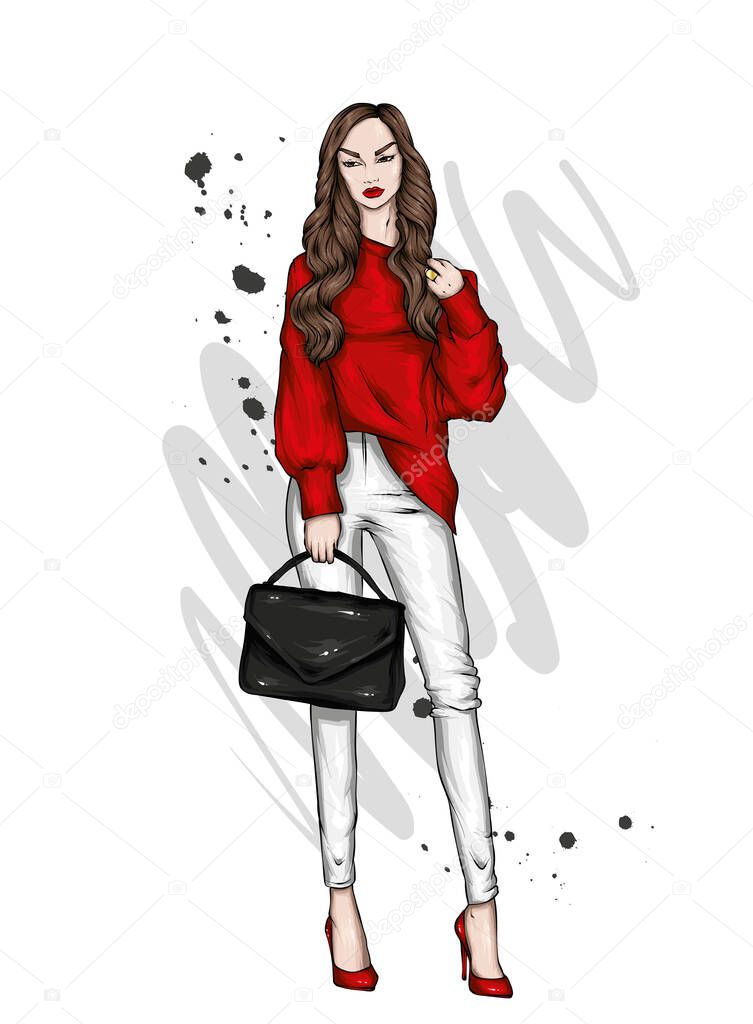 Beautiful girl in stylish clothes and coffee. Vector illustration for a postcard or poster, print. Fashion and style, clothing and accessories.