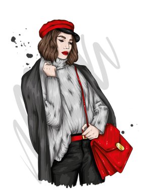 Elbiseli ve bereli güzel bir kız. Vektör çizimi. Moda, tarz, giysi ve aksesuarlar.. 