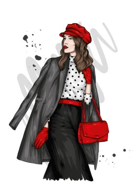 Elbiseli ve bereli güzel bir kız. Vektör çizimi. Moda, tarz, giysi ve aksesuarlar.. 