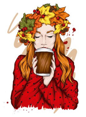 Şık kıyafetler içinde şık bir kız ve sonbahar yapraklarından bir çelenk. Moda, tarz, giysi ve aksesuarlar. Sonbahar.