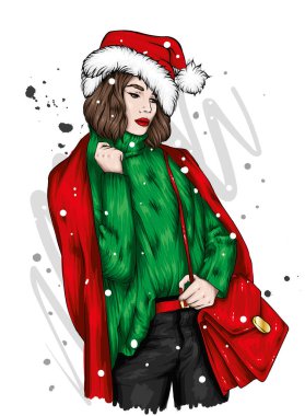 Şık giyinmiş güzel bir kız ve yeni yıl şapkası. Yeni yıl ve Noel, Noel Baba. Moda Biçimi. 