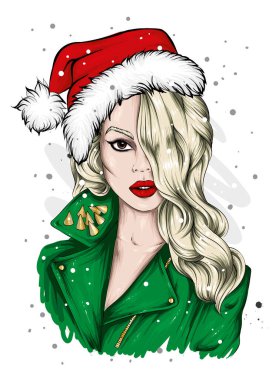 Şık giyinmiş güzel bir kız ve yeni yıl şapkası. Yeni yıl ve Noel, Noel Baba. Moda Biçimi. 