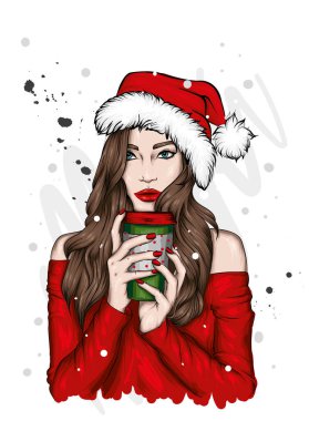 Şık giyinmiş güzel bir kız ve yeni yıl şapkası. Yeni yıl ve Noel, Noel Baba. Moda Biçimi. 