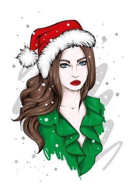 Şık giyinmiş güzel bir kız ve yeni yıl şapkası. Yeni yıl ve Noel, Noel Baba. Moda Biçimi. 